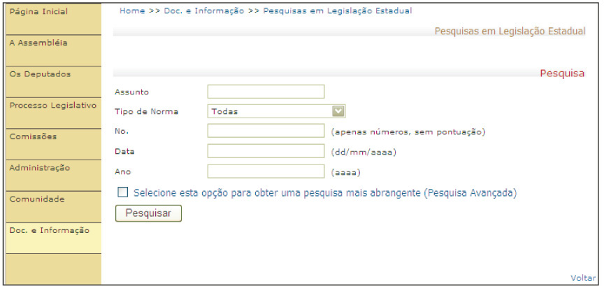 Na tela de pesquisa em legislao estadual (fig. 2), preencha os campos desejados e clique no boto "Pesquisar".<a style='float:right;color:#ccc' href='https://www3.al.sp.gov.br/repositorio/noticia/03-2008/ilustracao 05.jpg' target=_blank><i class='bi bi-zoom-in'></i> Clique para ver a imagem </a>